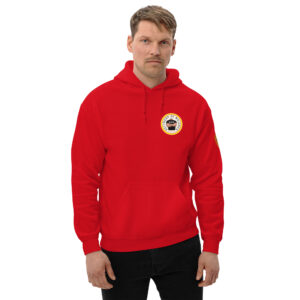 Sudadera roja con capucha. Escudo DDM en la manga izquierda. Envío incluido.